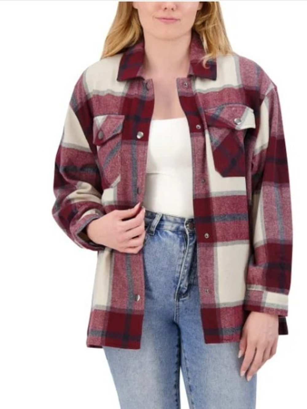 Oversized Plaid Shacket Jacket in Burgundy and Cream by